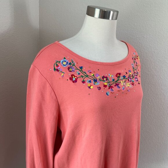 Quacker Factory Womens Plus 1X Embroidered Floral Top Coral 3/4 Sleeve Shirt - Picture 2 of 11
